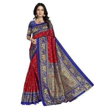 Red printed art silk saree with blouse 1