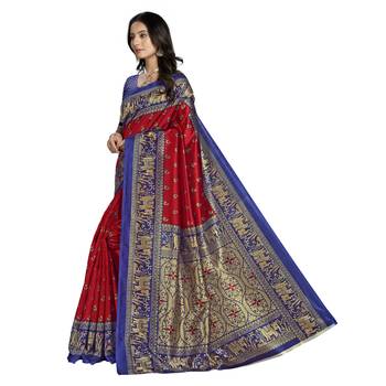 Red printed art silk saree with blouse 2