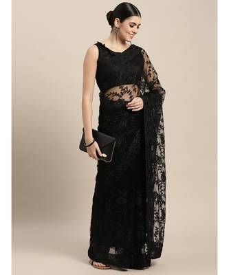 Black Net Saree With Blouse Piece 3