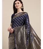 Navy blue Banarasi silk saree with blouse piece