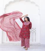 Red Printed Cotton Kurta Set