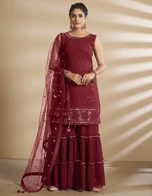 Fantastic Red Thread and Sequins Embroidered Georgette Semi Stitched Salwar Kameez 1