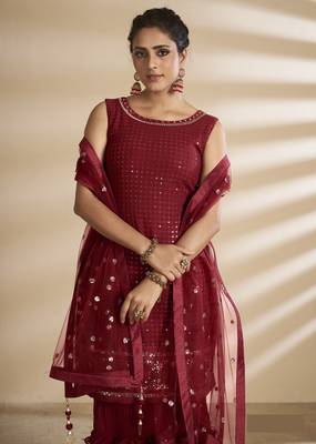 Fantastic Red Thread and Sequins Embroidered Georgette Semi Stitched Salwar Kameez 2