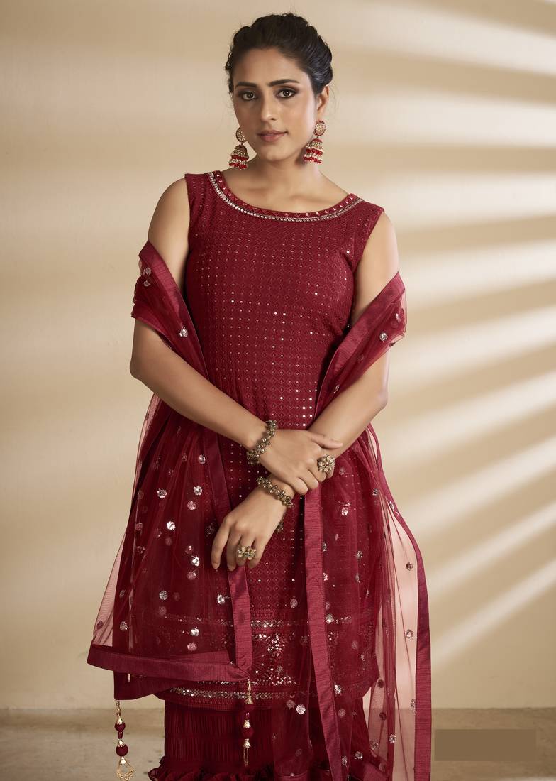 Fantastic Red Thread and Sequins Embroidered Georgette Semi Stitched Salwar Kameez