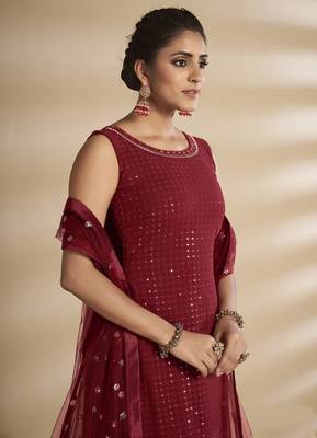 Fantastic Red Thread and Sequins Embroidered Georgette Semi Stitched Salwar Kameez 3