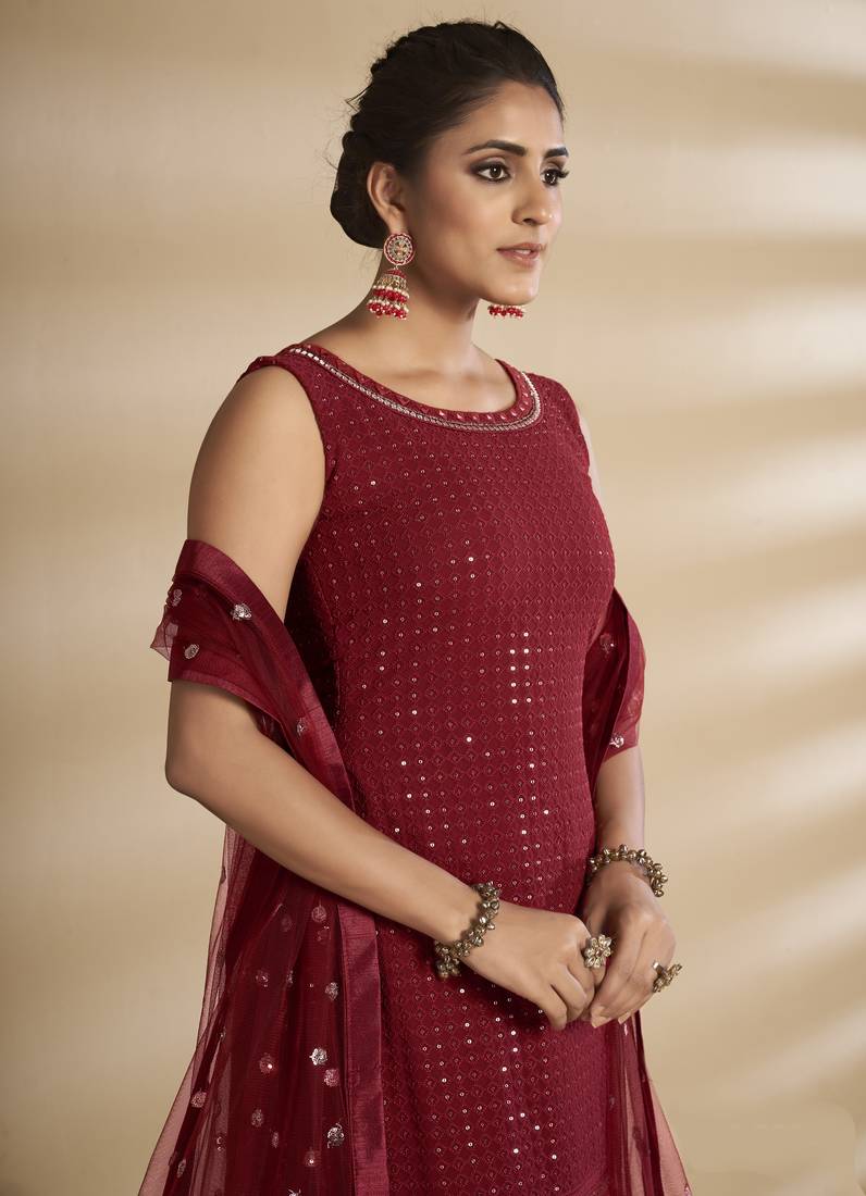 Fantastic Red Thread and Sequins Embroidered Georgette Semi Stitched Salwar Kameez