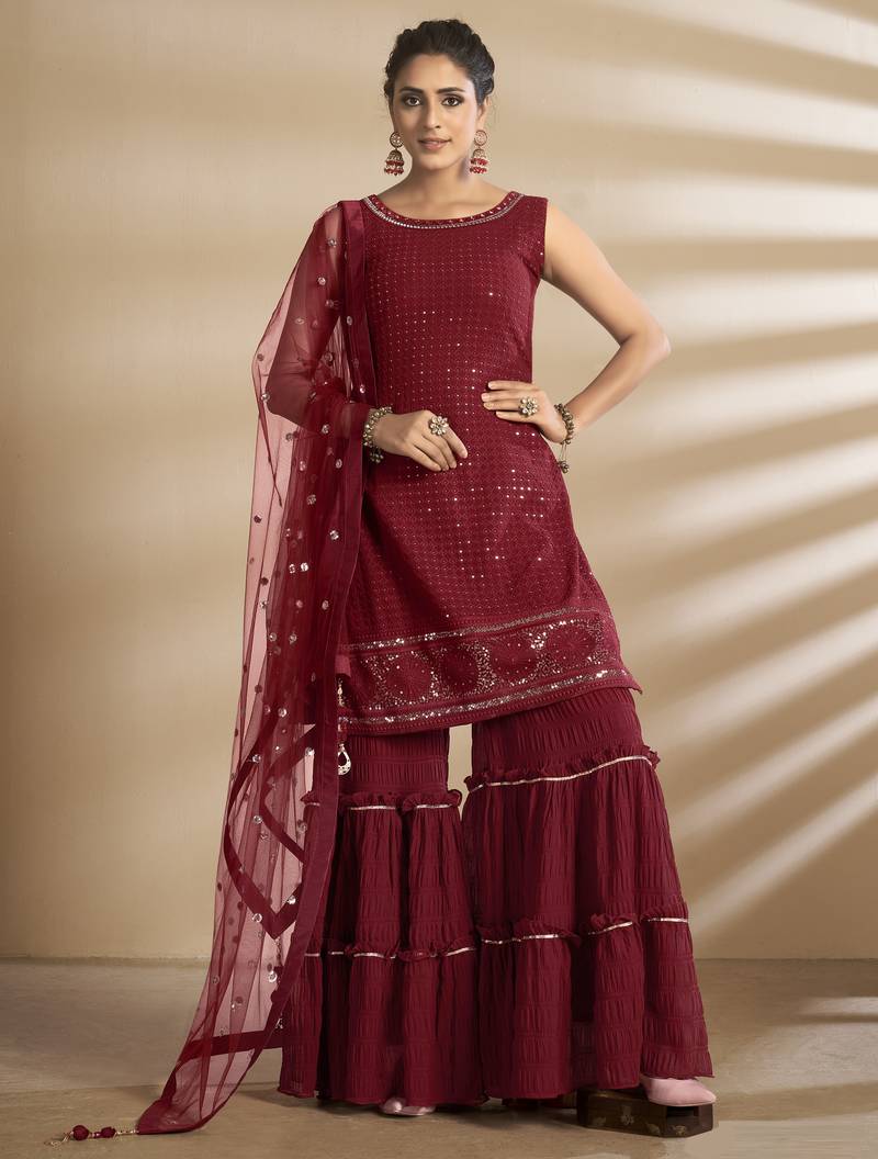 Fantastic Red Thread and Sequins Embroidered Georgette Semi Stitched Salwar Kameez
