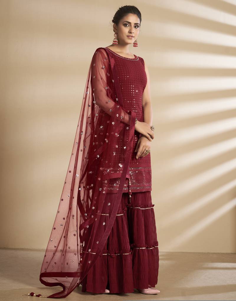 Fantastic Red Thread and Sequins Embroidered Georgette Semi Stitched Salwar Kameez