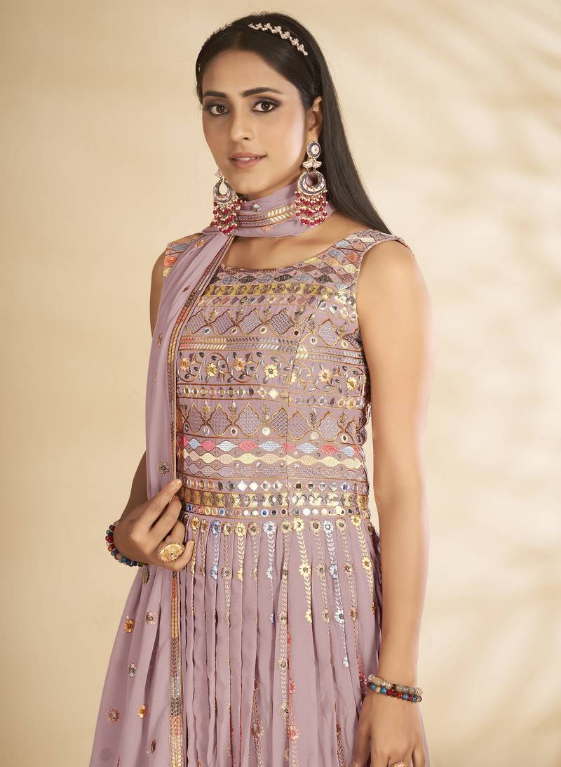 Enchanting Mauve Thread and Sequins Embroidered Party Wear Gown