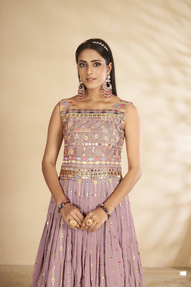 Enchanting Mauve Thread and Sequins Embroidered Party Wear Gown