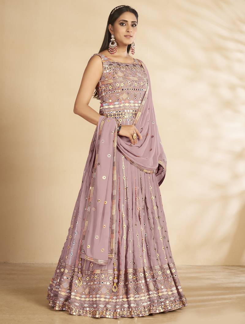 Enchanting Mauve Thread and Sequins Embroidered Party Wear Gown