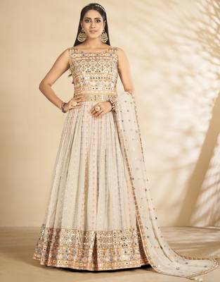 Catching Off White Thread and Sequins Embroidered Semi Stitched Ceremonial Gown 1