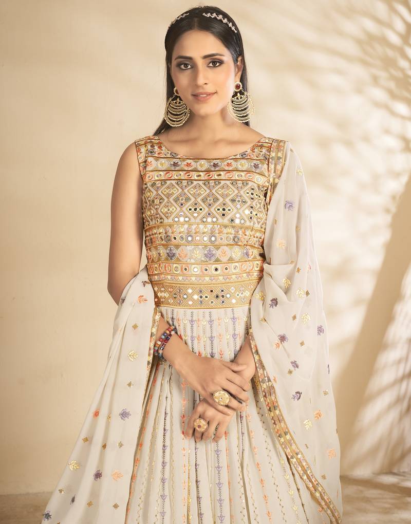 Catching Off White Thread and Sequins Embroidered Semi Stitched Ceremonial Gown