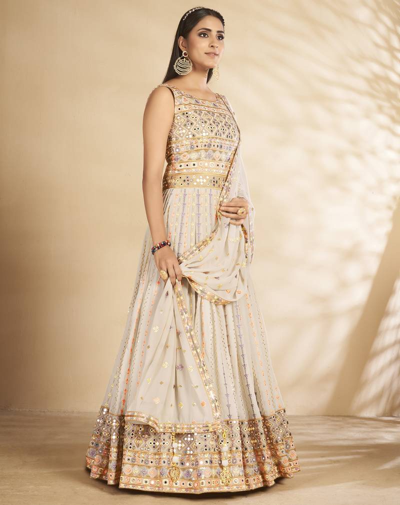 Catching Off White Thread and Sequins Embroidered Semi Stitched Ceremonial Gown