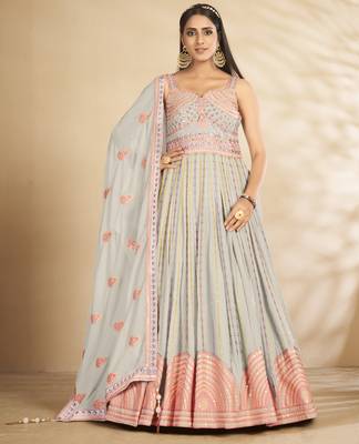 Delightful Sky Blue Thread and Sequins Embroidered Semi Stitched Bridal Gown with dupatta 1