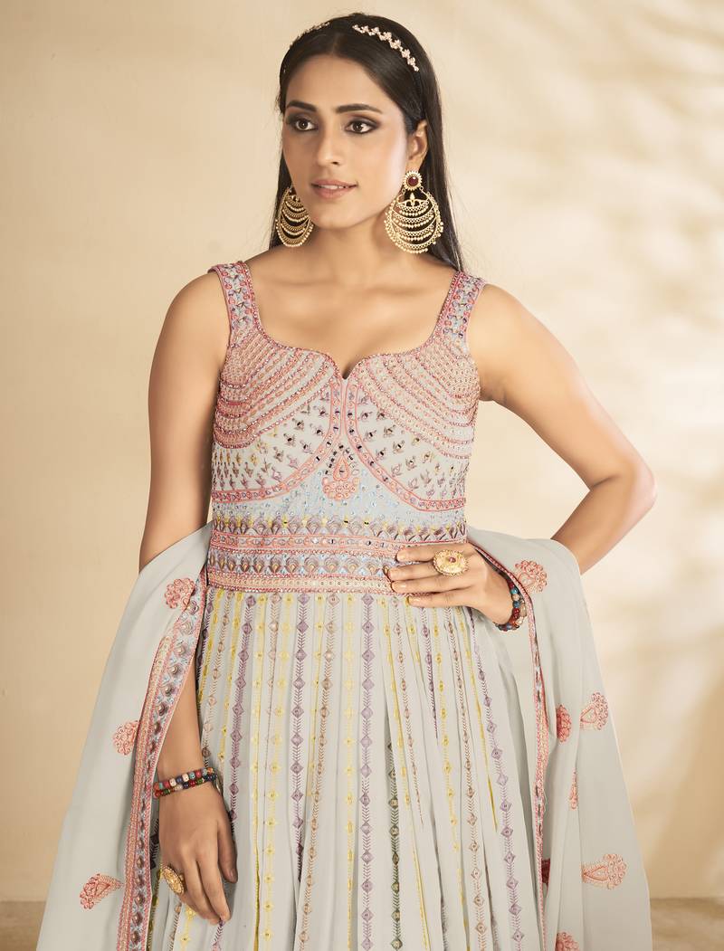 Delightful Sky Blue Thread and Sequins Embroidered Semi Stitched Bridal Gown with dupatta