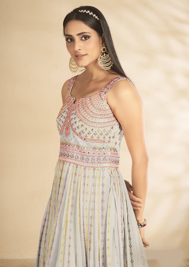 Delightful Sky Blue Thread and Sequins Embroidered Semi Stitched Bridal Gown with dupatta