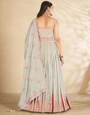 Delightful Sky Blue Thread and Sequins Embroidered Semi Stitched Bridal Gown with dupatta 4