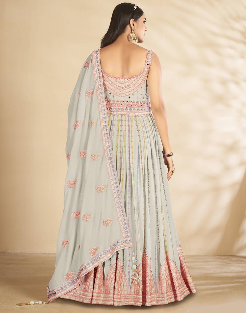 Delightful Sky Blue Thread and Sequins Embroidered Semi Stitched Bridal Gown with dupatta
