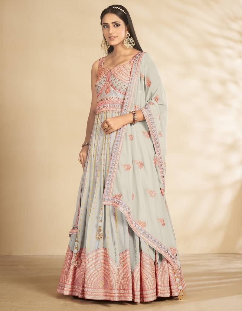 Delightful Sky Blue Thread and Sequins Embroidered Semi Stitched Bridal Gown with dupatta