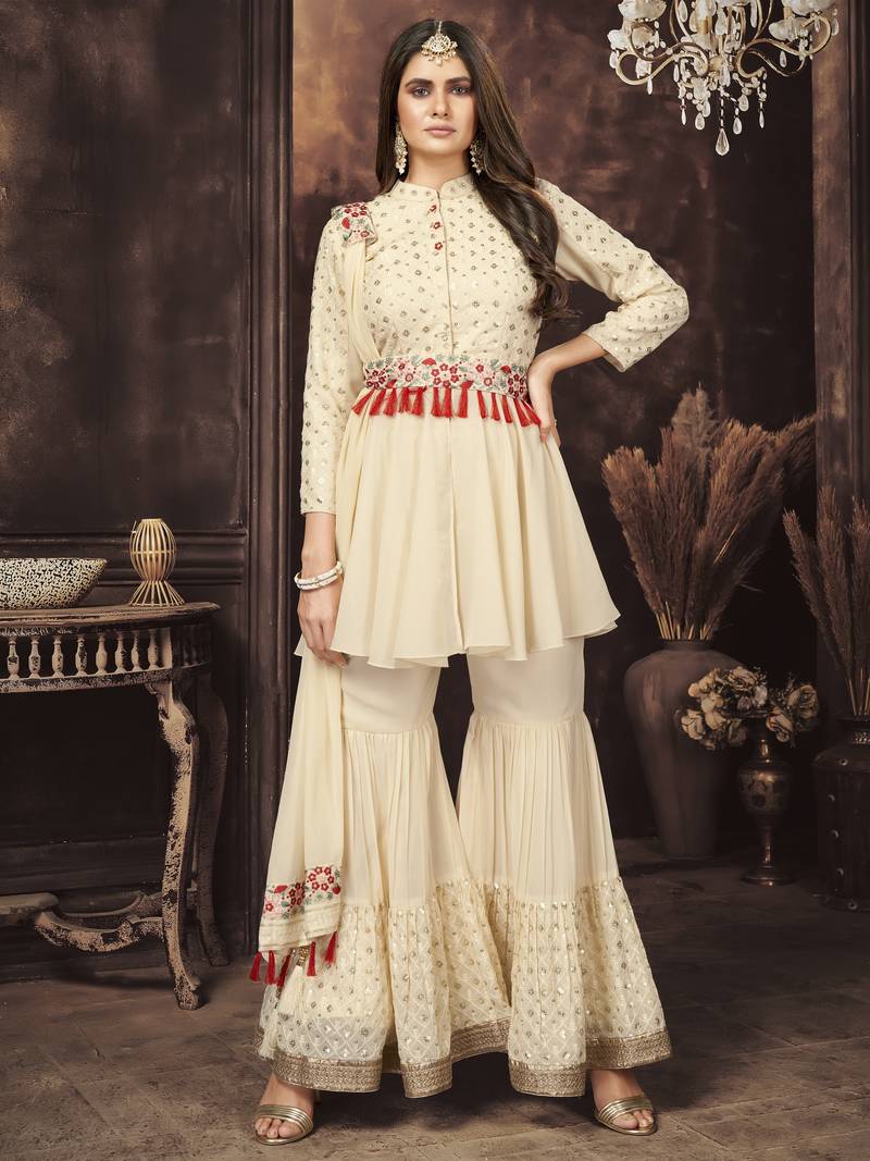 Off-White Multi Sequins And Thread Embroidered Georgette Sharara Suit