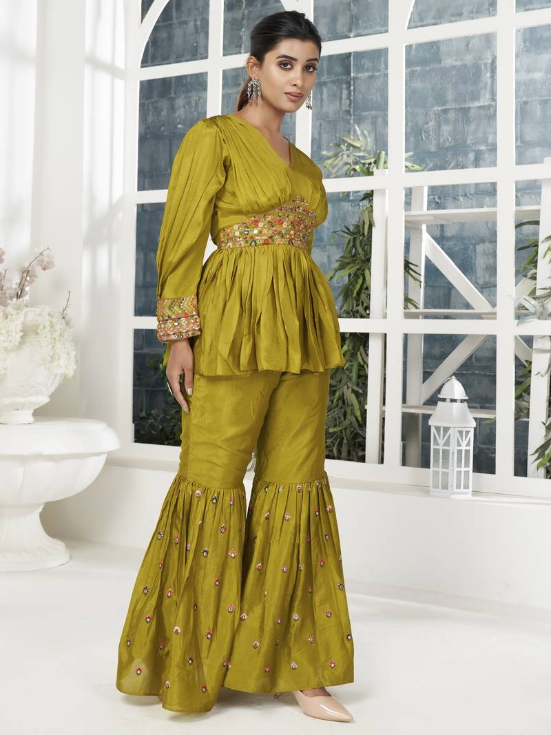 Dark Pista Green Embroidered With Paper Mirror Banarasi Silk Salwar Suit