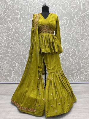 Dark Pista Green Embroidered With Paper Mirror Banarasi Silk Salwar Suit 7