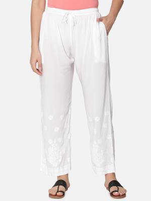Hand Embroidered White Cotton Lucknowi Chikan Palazzo 2