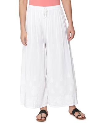 Seva Chikan Hand Embroidered White Cotton Palazzo 2