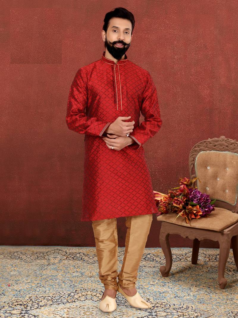 Men Red Blackberry Silk Kurta Churidar Set
