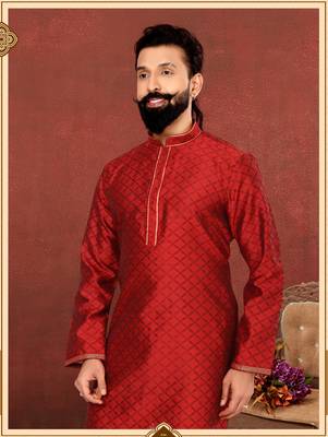 Men Red Blackberry Silk Kurta Churidar Set 1