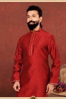 Men Red Blackberry Silk Kurta Churidar Set