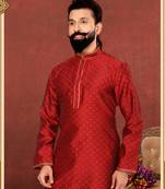 Men Red Blackberry Silk Kurta Churidar Set
