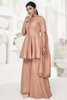 Peach Sequins Embroidered Banarasi Silk Salwar Suit