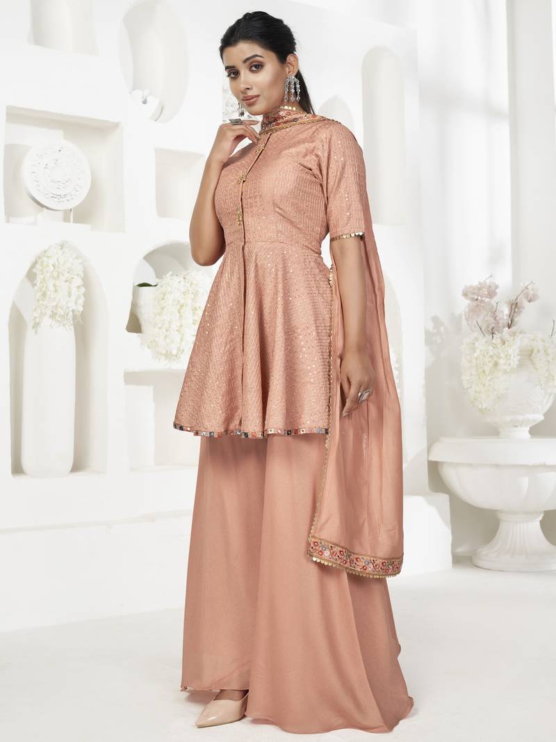 Peach Sequins Embroidered Banarasi Silk Salwar Suit