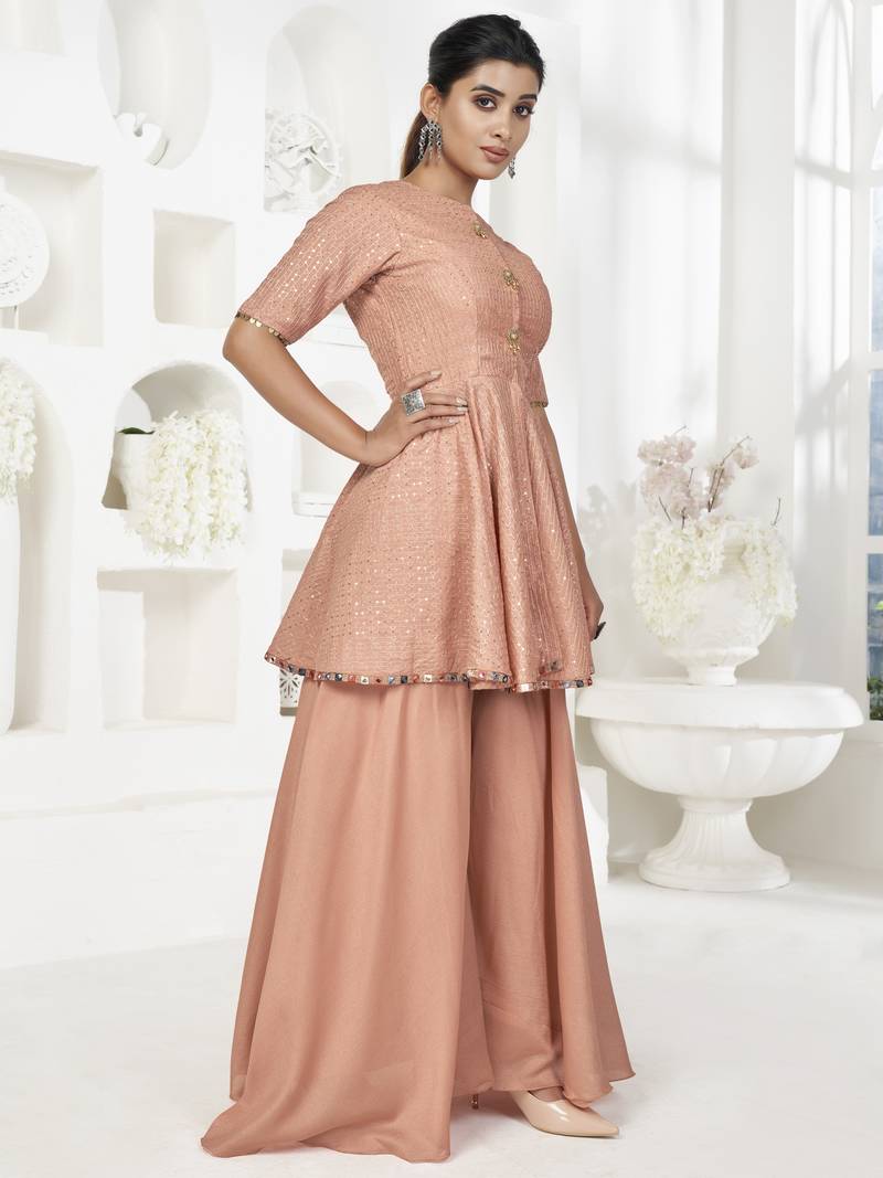 Peach Sequins Embroidered Banarasi Silk Salwar Suit