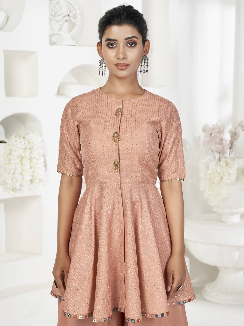 Peach Sequins Embroidered Banarasi Silk Salwar Suit