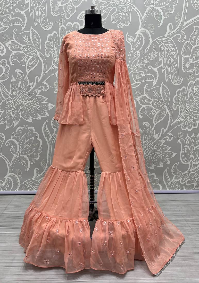 Peach Sequins Embroidered With Mirror Georgette Party Wear Dress