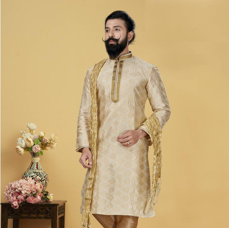 Men Jacquard Silk Woven white Embellished Kurta