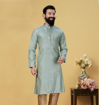Men Jacquard Silk Woven Sky Blue Embellished Kurta 7