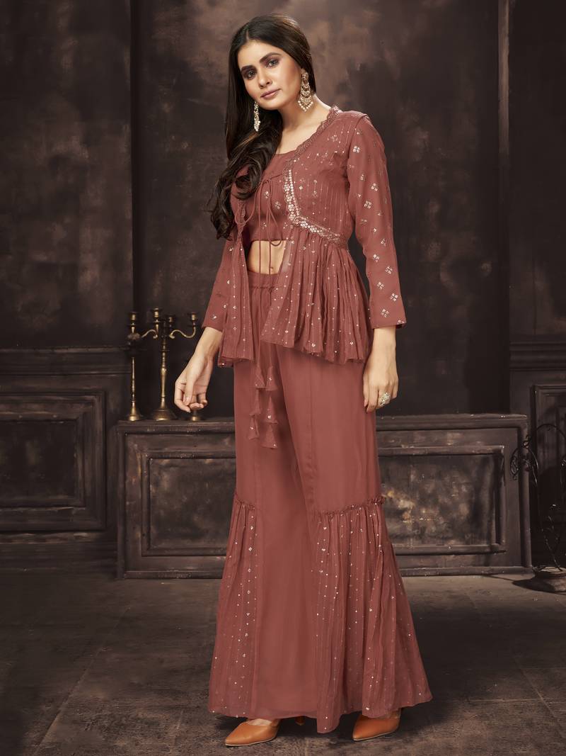 Rust Orange Thread And Sequins Embroidered Georgette Sharara Suit