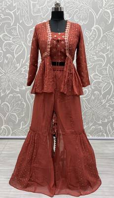 Rust Orange Thread And Sequins Embroidered Georgette Sharara Suit 7