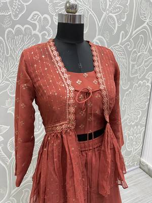 Rust Orange Thread And Sequins Embroidered Georgette Sharara Suit 8