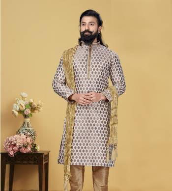 Men White Dupion Silk Woven Zari Buta Designer Kurta 7
