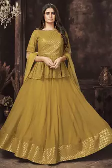 Mustard Dual Sequins And Zari Embroidered Georgette Stitched Lehenga