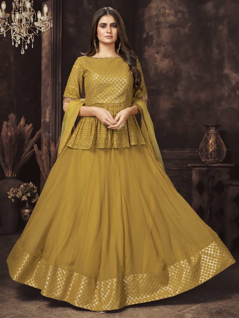 Mustard Dual Sequins And Zari Embroidered Georgette Stitched Lehenga