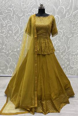 Mustard Dual Sequins And Zari Embroidered Georgette Stitched Lehenga 7