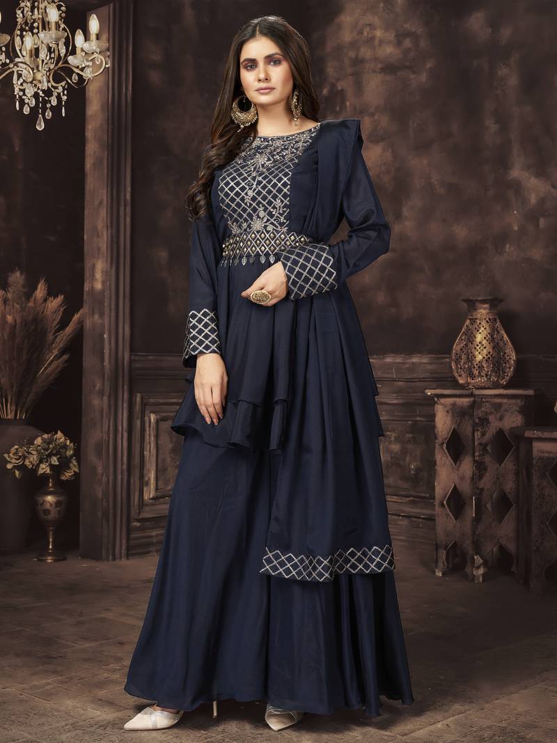 Navy blue Colored dual sequins and zari embroidered Chinnon Stitched Lehenga choli
