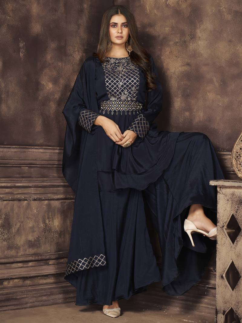 Navy blue Colored dual sequins and zari embroidered Chinnon Stitched Lehenga choli