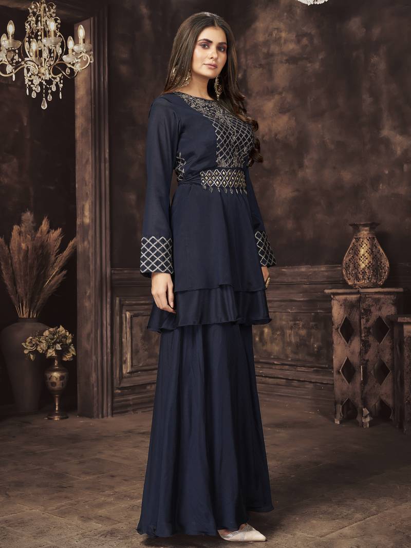 Navy blue Colored dual sequins and zari embroidered Chinnon Stitched Lehenga choli